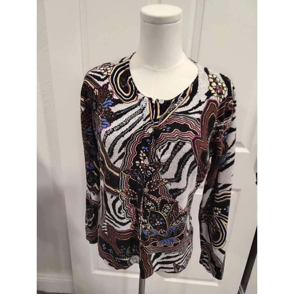 Pierri New York Womens Medium Cardigan‎ Zebra Paisley Sequin Mixed Print Sweater